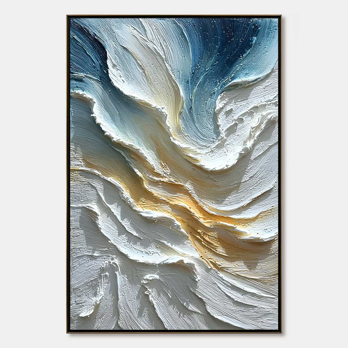 Vertical abstract seascape painting reference with sweeping ivory, blue and muted gold impasto curves