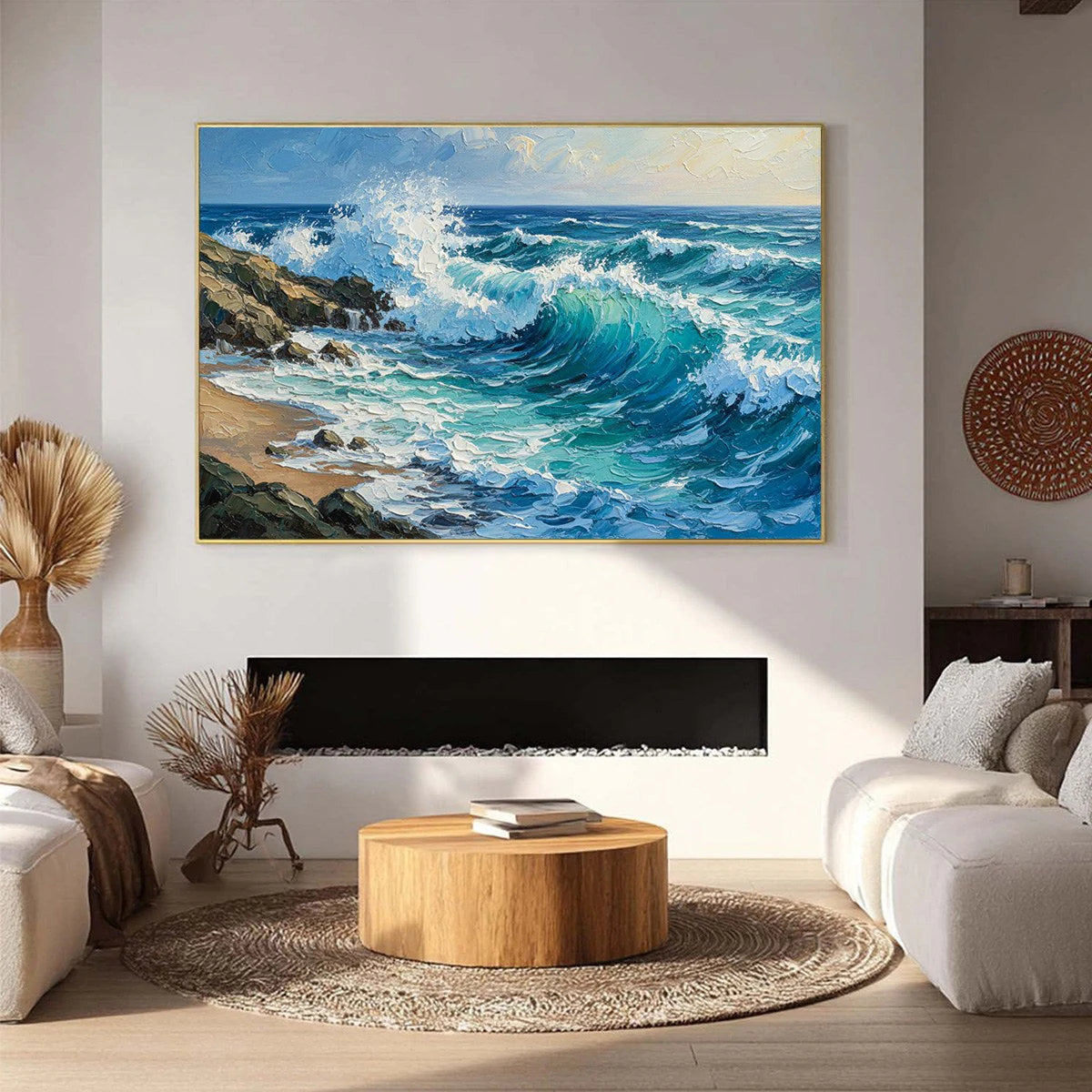 Aegean Crest: Crashing Ocean Wave Oil Painting — reference gallery image 2. Room styling and framing are illustrative.