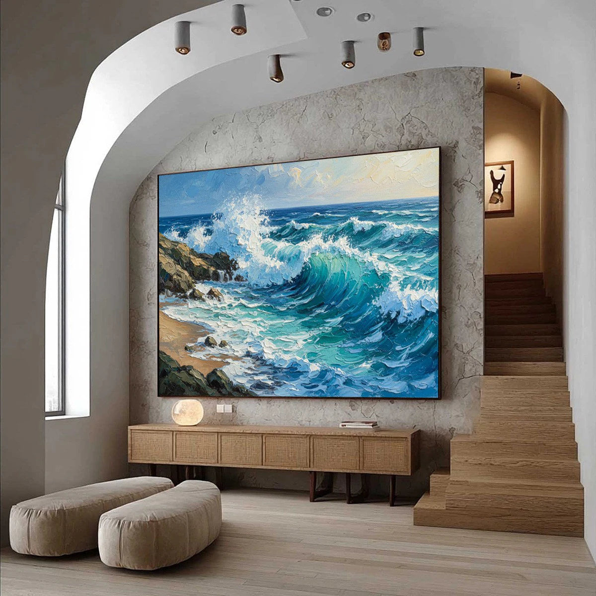Aegean Crest: Crashing Ocean Wave Oil Painting — reference gallery image 7. Room styling and framing are illustrative.