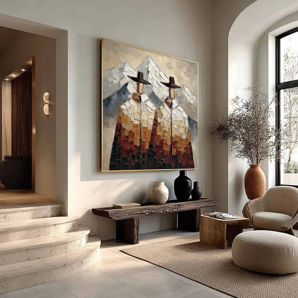 Alpine Companions: Two Figures in the Mountains Oil Painting — reference gallery image 8. Room styling and framing are illustrative.
