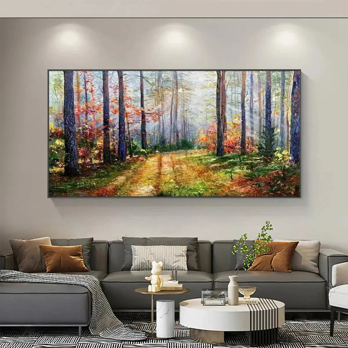 Autumn Forest Path: Panoramic Woodland Oil Painting — reference gallery image 2. Room styling and framing are illustrative.