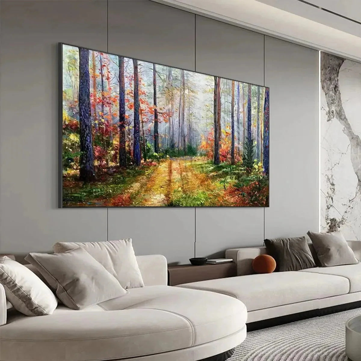 Autumn Forest Path: Panoramic Woodland Oil Painting — reference gallery image 8. Room styling and framing are illustrative.