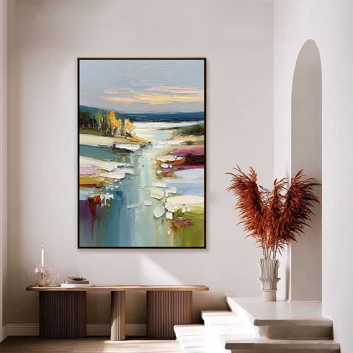 Autumn Reflections: Textured Abstract River Oil Painting — reference gallery image 4. Room styling and framing are illustrative.