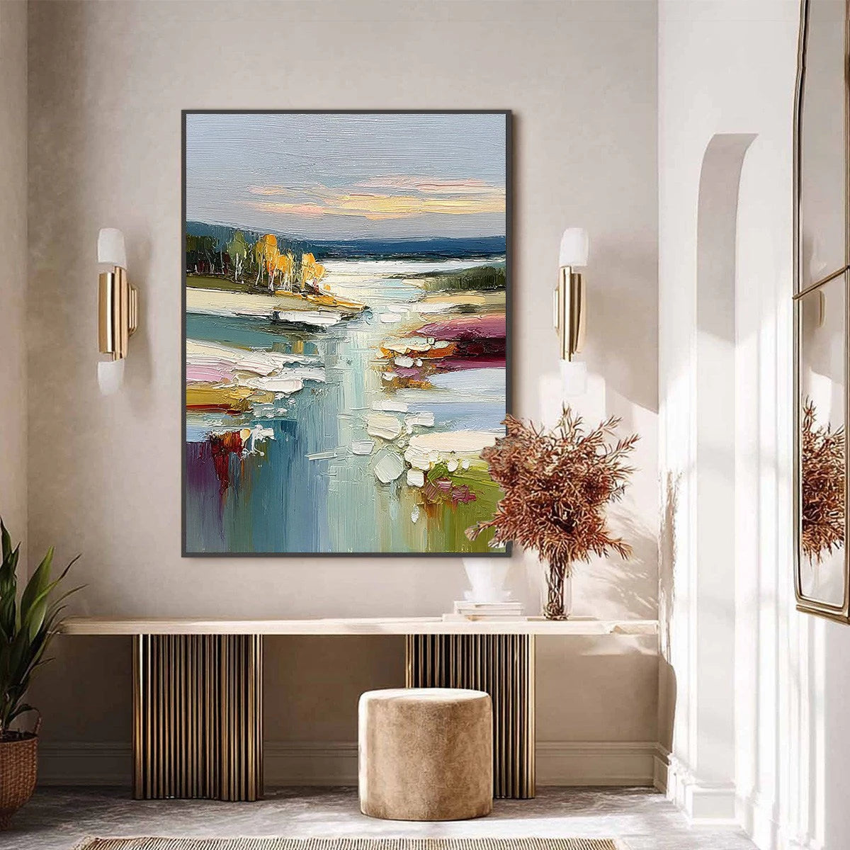 Autumn Reflections: Textured Abstract River Oil Painting — reference gallery image 6. Room styling and framing are illustrative.