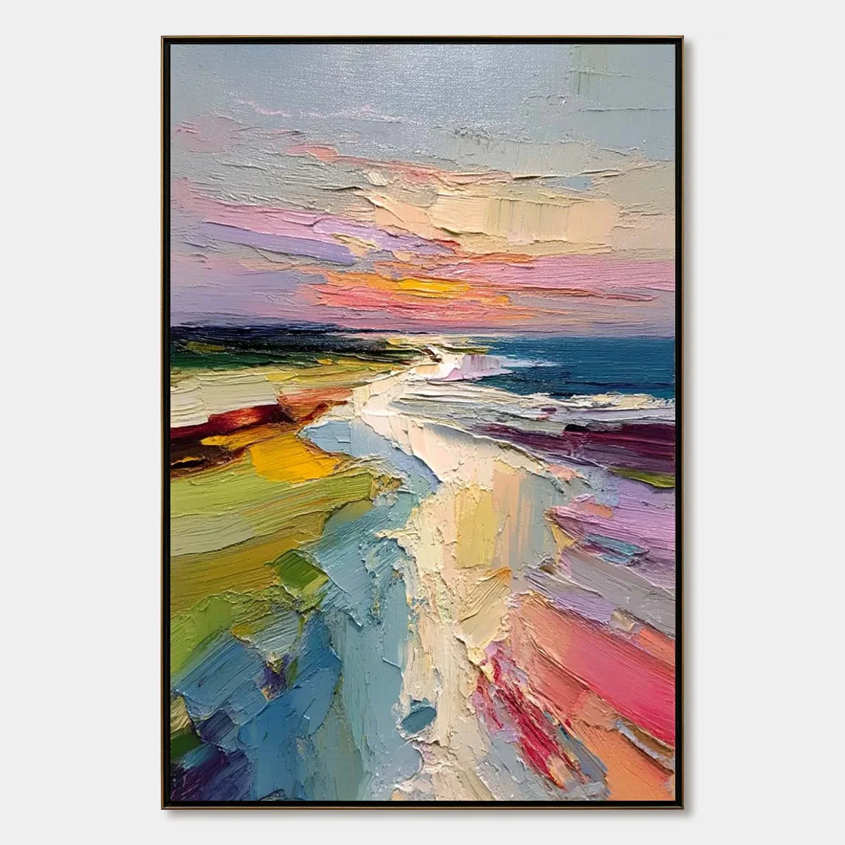 Coastal Embrace: Pink and Gold Coastal Landscape Oil Painting — oil painting design reference