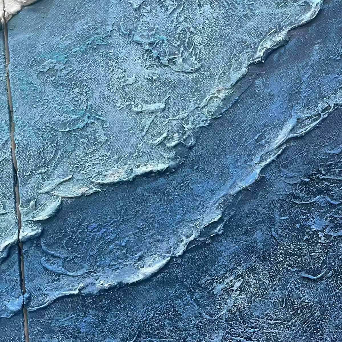 Textured Oceanscape: Blue and Ivory Triptych Oil Painting Set of 3 — reference gallery image 3. Room styling and framing are illustrative.