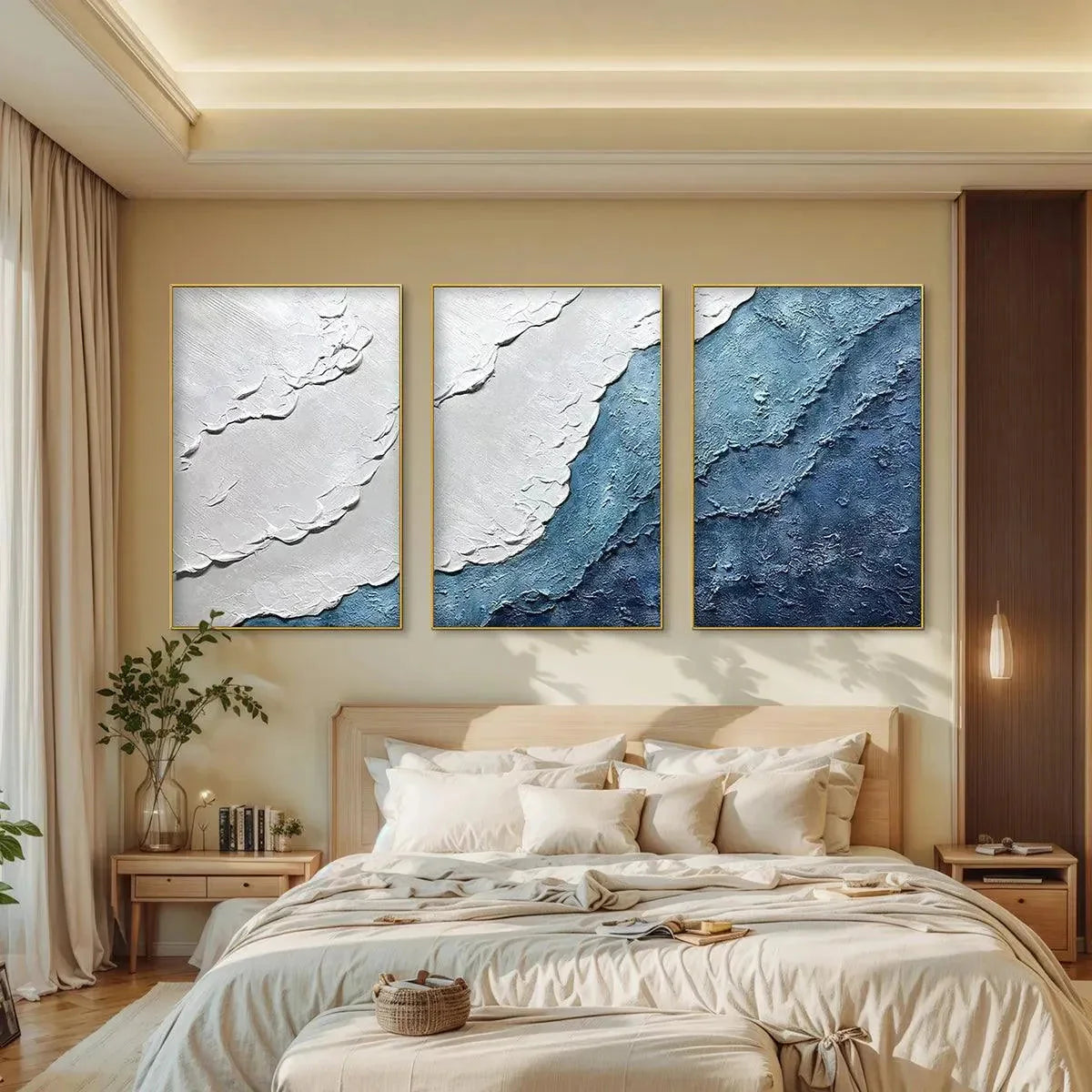 Textured Oceanscape: Blue and Ivory Triptych Oil Painting Set of 3 — reference gallery image 4. Room styling and framing are illustrative.