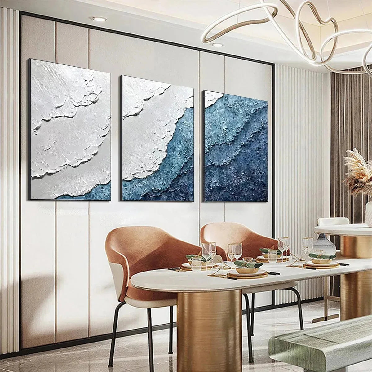Textured Oceanscape: Blue and Ivory Triptych Oil Painting Set of 3 — reference gallery image 7. Room styling and framing are illustrative.