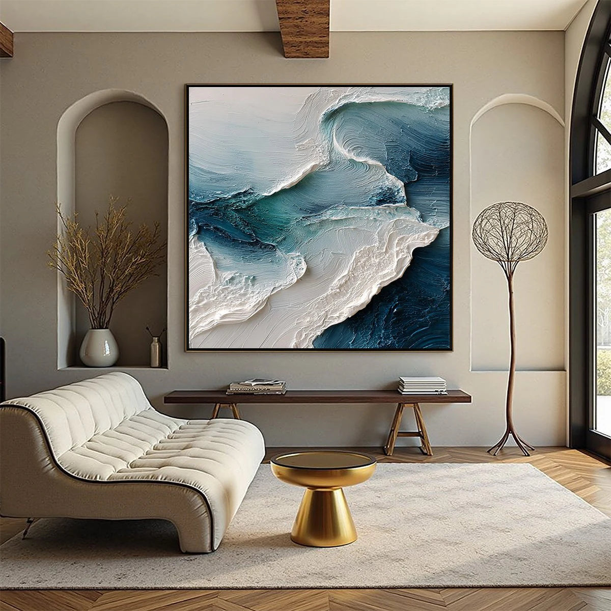 Tidal Rhythm: Square Textured Ocean Wave Oil Painting — reference gallery image 2. Room styling and framing are illustrative.