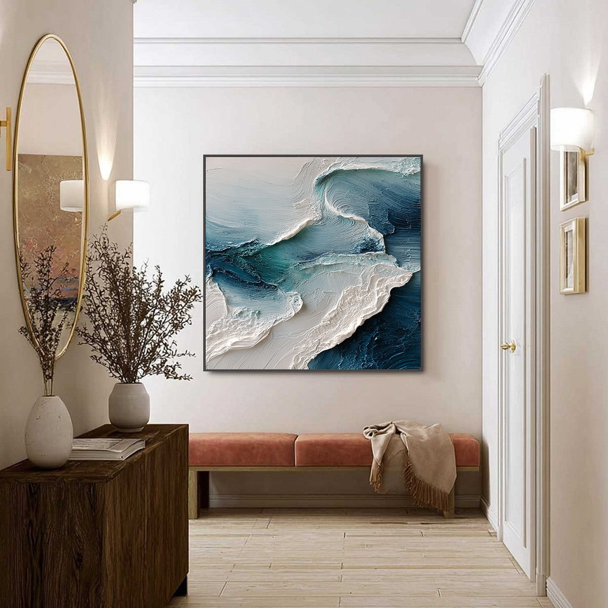 Tidal Rhythm: Square Textured Ocean Wave Oil Painting — reference gallery image 4. Room styling and framing are illustrative.