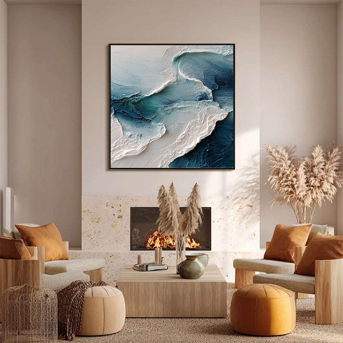 Tidal Rhythm: Square Textured Ocean Wave Oil Painting — reference gallery image 6. Room styling and framing are illustrative.