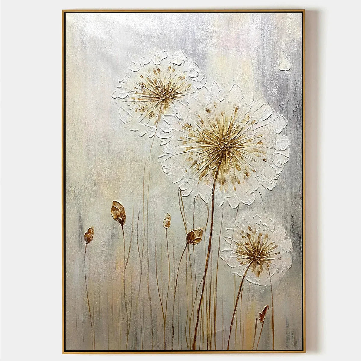 Vertical textured dandelion painting reference with ivory seed heads, golden centres and stems on a beige and grey background