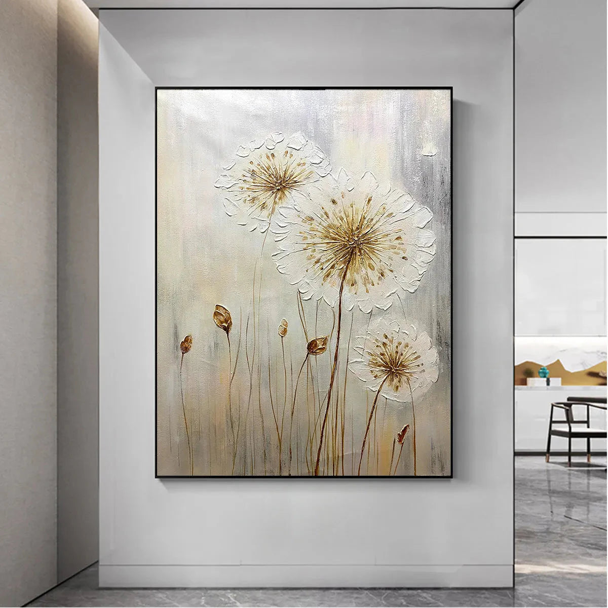 Whispers of Gold: Textured Dandelion Oil Painting — reference gallery image 6. Room styling and framing are illustrative.