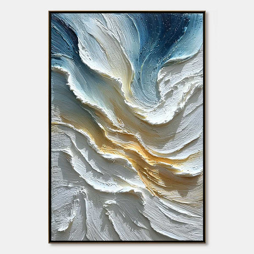 Vertical abstract seascape painting reference with sweeping ivory, blue and muted gold impasto curves