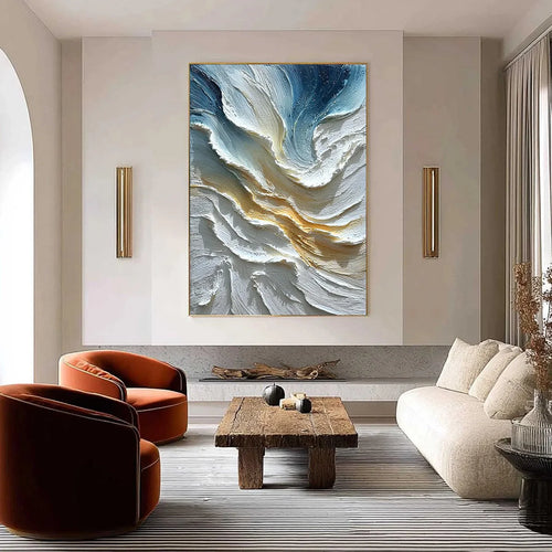Aegean Crest: Blue and Gold Abstract Seascape Oil Painting — reference gallery image 2. Room styling and framing are illustrative.
