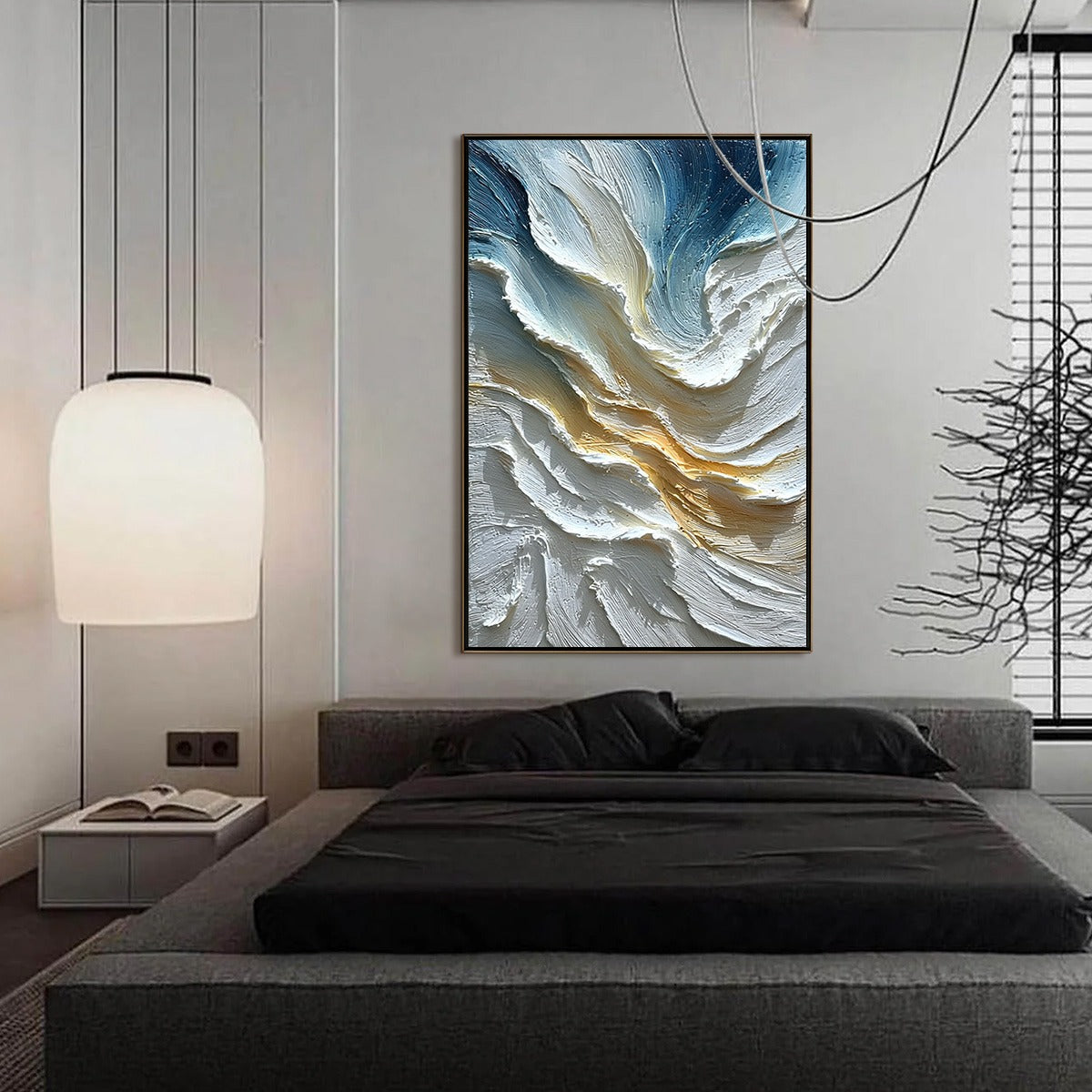 Aegean Crest: Blue and Gold Abstract Seascape Oil Painting — reference gallery image 4. Room styling and framing are illustrative.