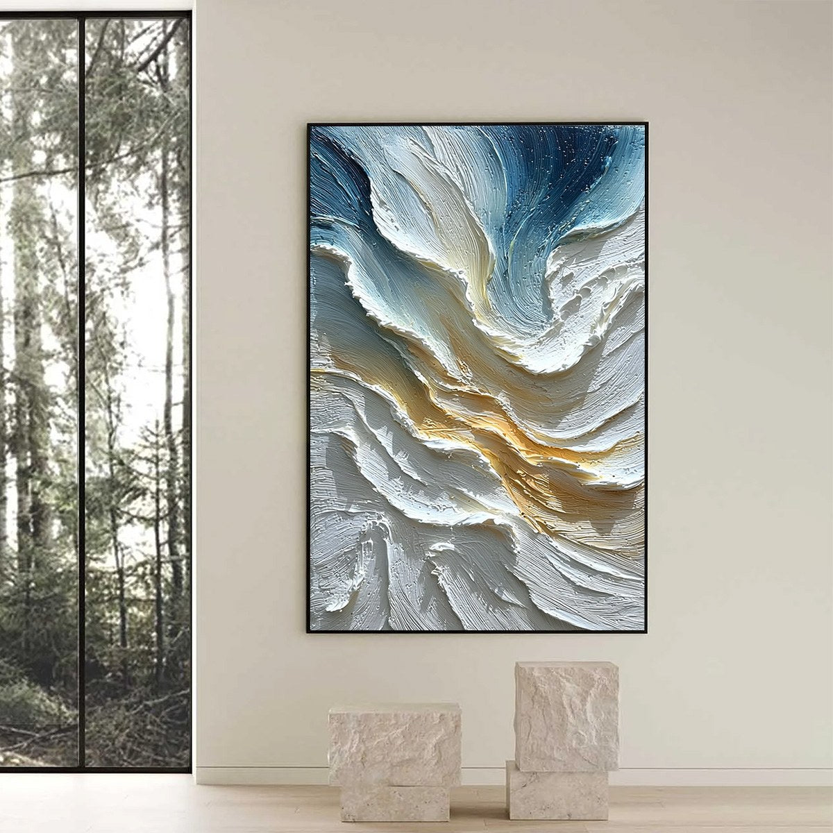 Aegean Crest: Blue and Gold Abstract Seascape Oil Painting — reference gallery image 6. Room styling and framing are illustrative.