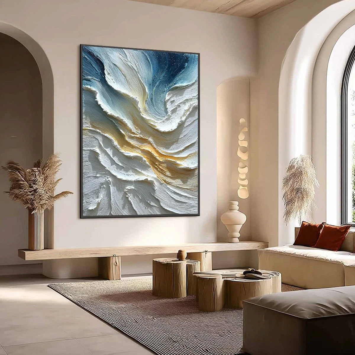 Aegean Crest: Blue and Gold Abstract Seascape Oil Painting — reference gallery image 7. Room styling and framing are illustrative.