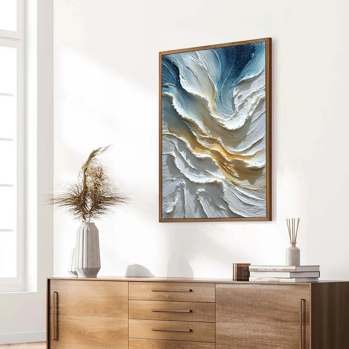 Aegean Crest: Blue and Gold Abstract Seascape Oil Painting — reference gallery image 8. Room styling and framing are illustrative.