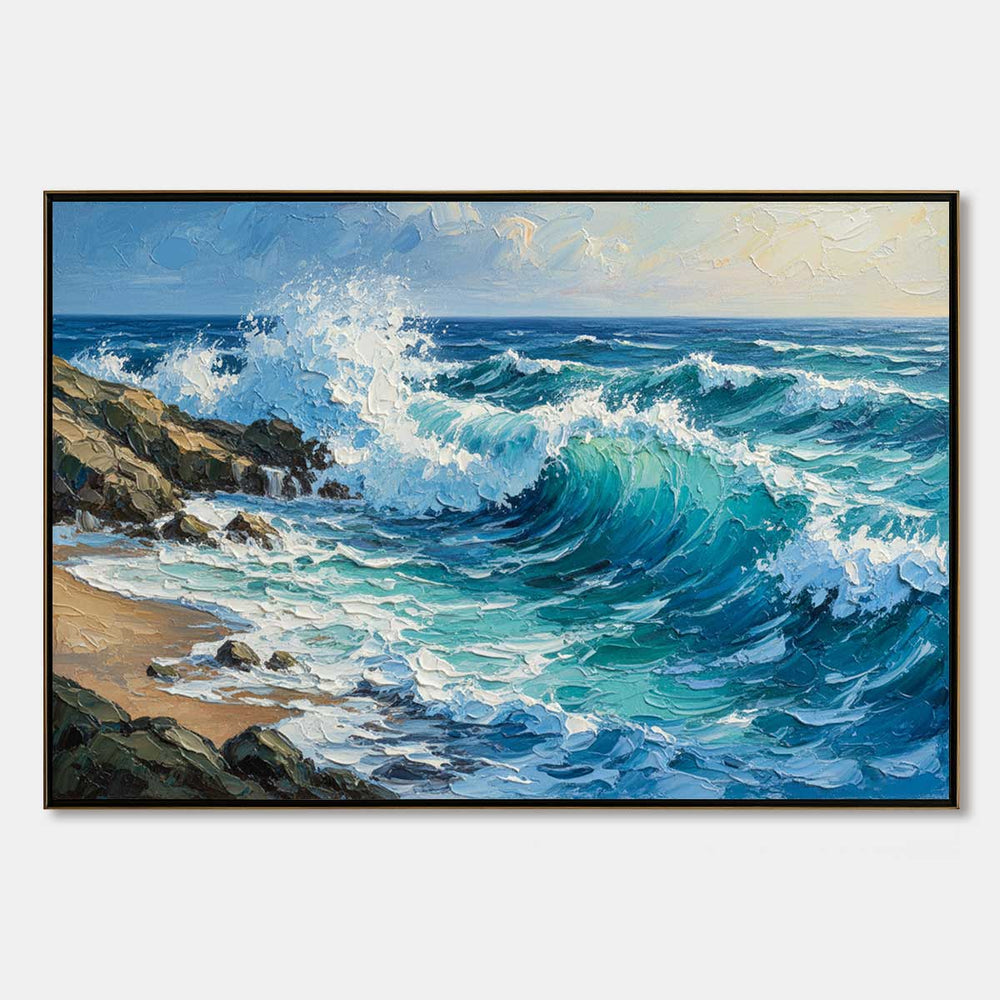 Horizontal ocean painting reference showing turquoise waves, white surf, rocks and a sandy shoreline