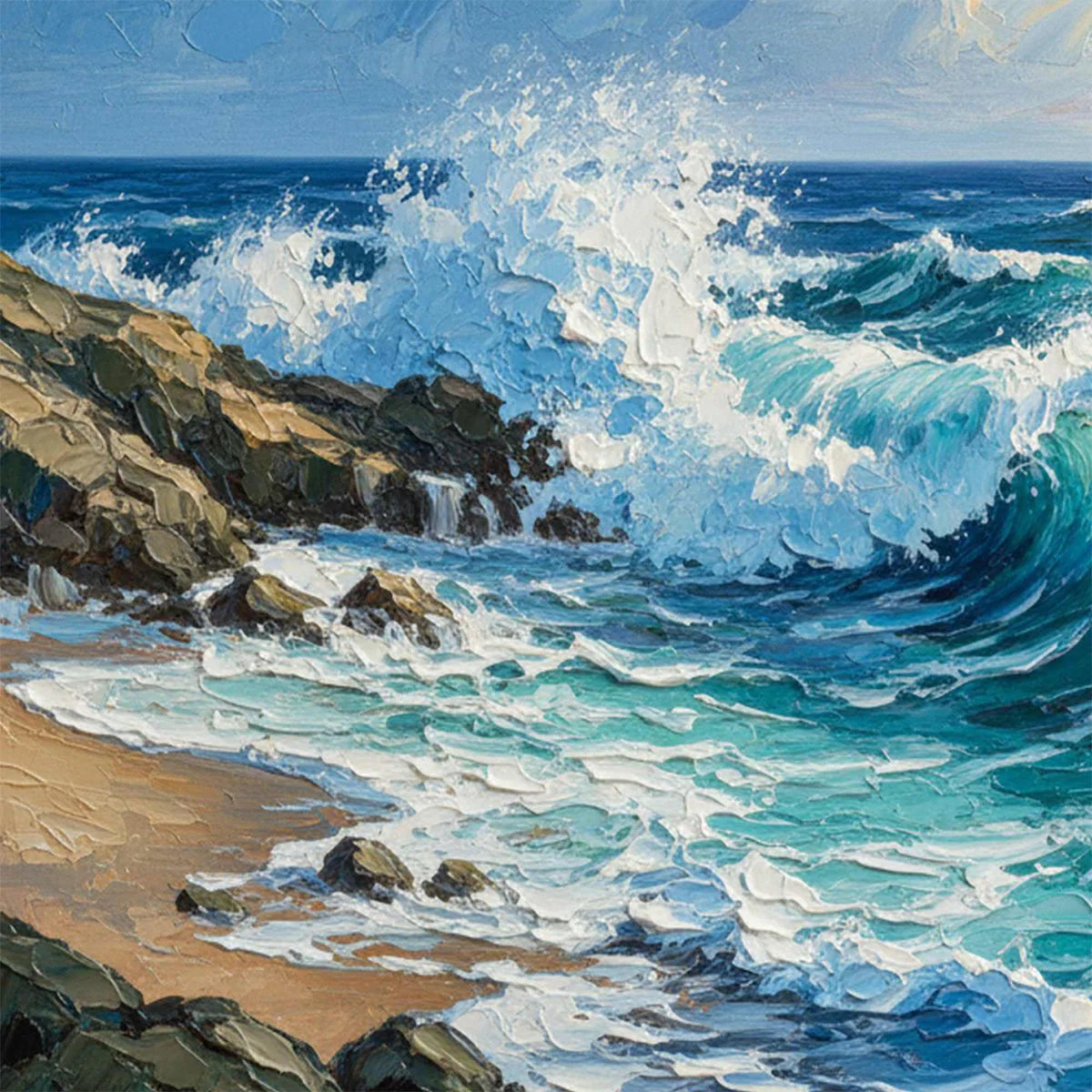 Aegean Crest: Crashing Ocean Wave Oil Painting — reference gallery image 3. Room styling and framing are illustrative.