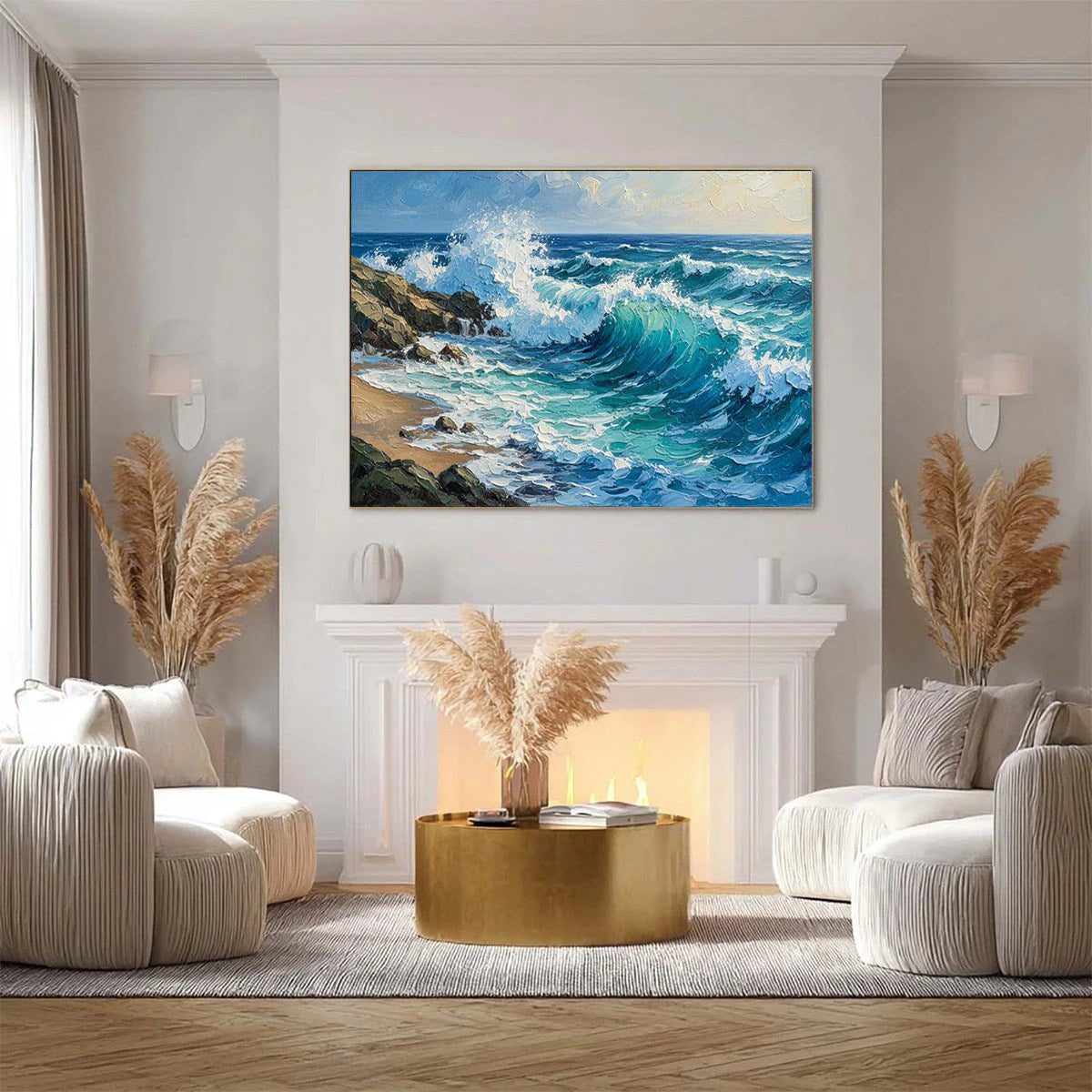 Aegean Crest: Crashing Ocean Wave Oil Painting — reference gallery image 4. Room styling and framing are illustrative.