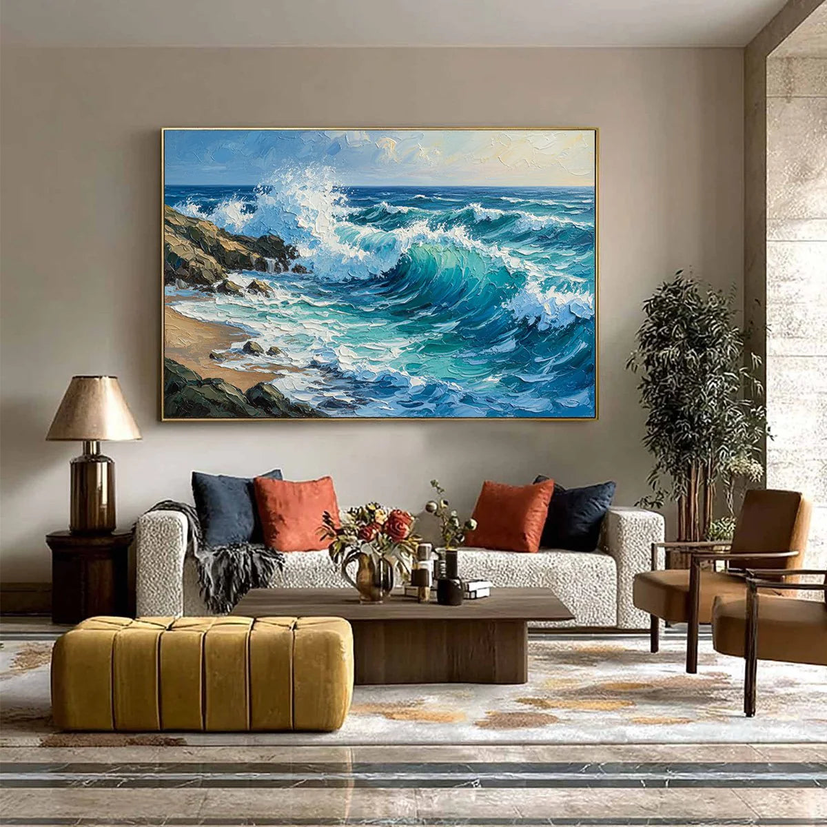 Aegean Crest: Crashing Ocean Wave Oil Painting — reference gallery image 6. Room styling and framing are illustrative.