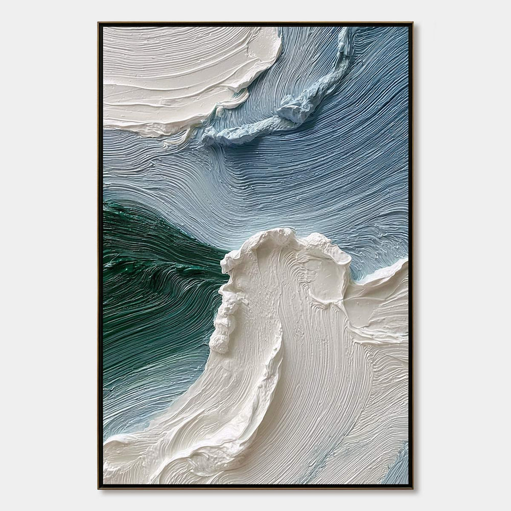 Vertical wabi sabi seascape painting reference with sculpted ivory waves over slate blue and deep green