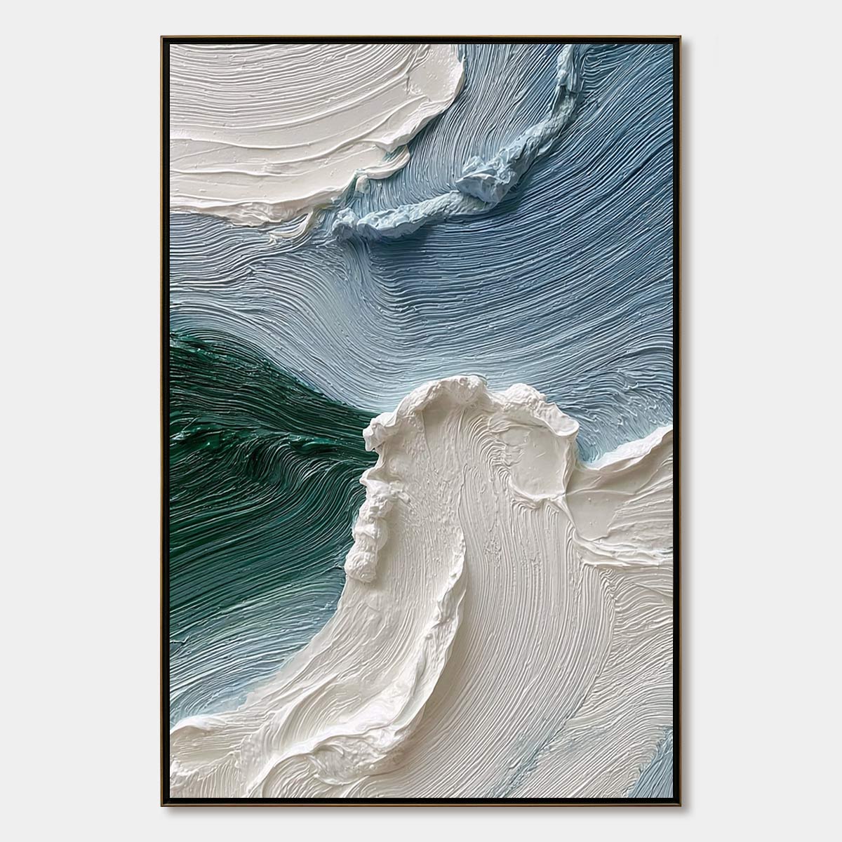 Vertical wabi sabi seascape painting reference with sculpted ivory waves over slate blue and deep green