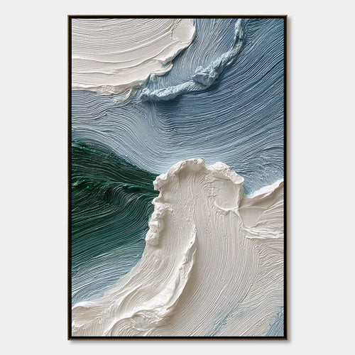 Vertical wabi sabi seascape painting reference with sculpted ivory waves over slate blue and deep green