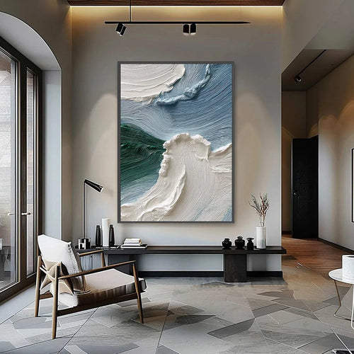 Aegean Crest: Textured Wabi Sabi Seascape Oil Painting — reference gallery image 2. Room styling and framing are illustrative.