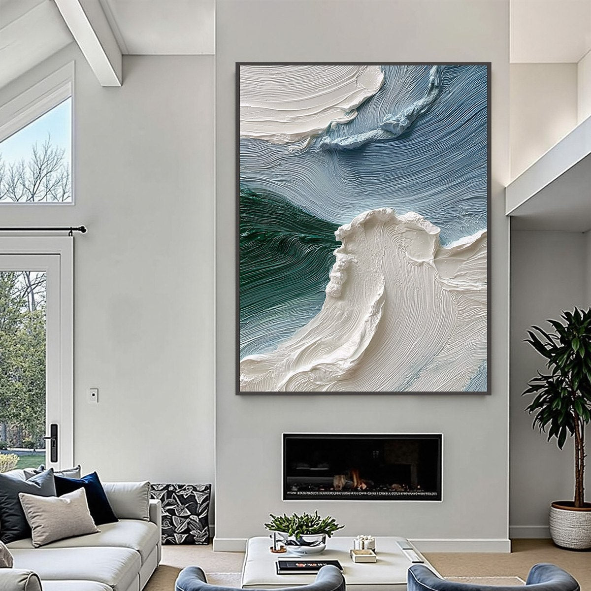 Aegean Crest: Textured Wabi Sabi Seascape Oil Painting — reference gallery image 4. Room styling and framing are illustrative.