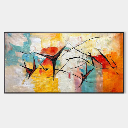 Colourful abstract painting reference with orange, yellow, turquoise and sweeping black lines in a slim dark frame