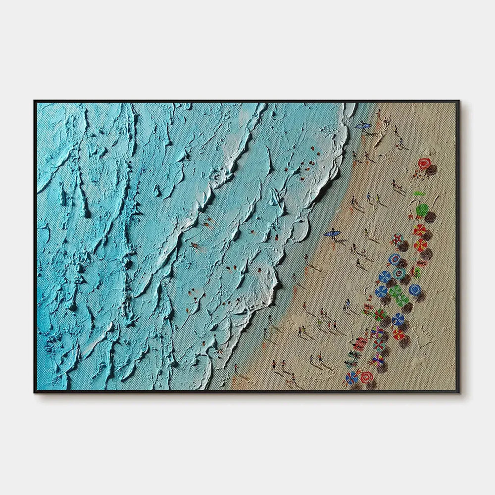 Horizontal overhead beach painting reference with turquoise waves, beige sand and colourful umbrellas