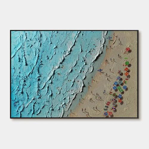 Horizontal overhead beach painting reference with turquoise waves, beige sand and colourful umbrellas