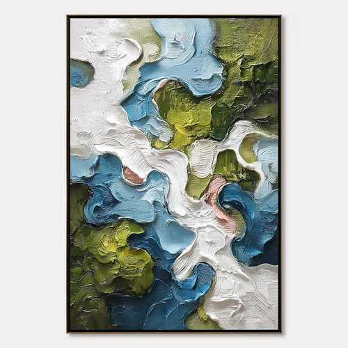 Vertical textured abstract landscape reference in ivory, blue and olive green