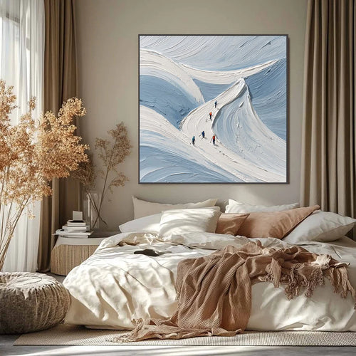 Alpine Ascent: Textured Skiing Mountain Oil Painting — reference gallery image 2. Room styling and framing are illustrative.