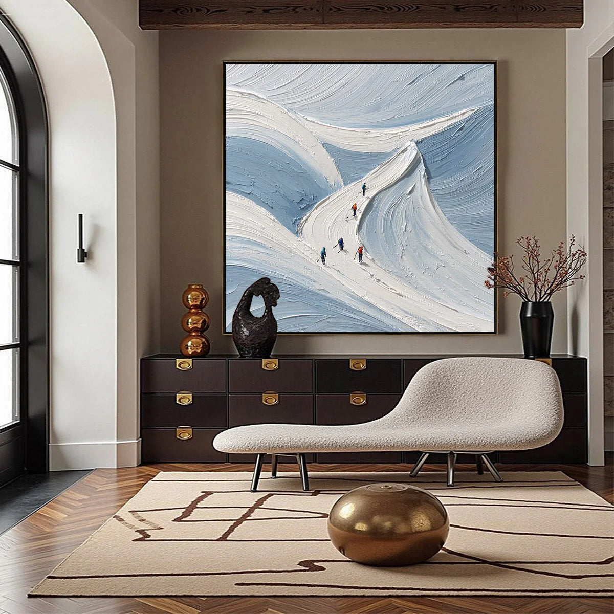 Alpine Ascent: Textured Skiing Mountain Oil Painting — reference gallery image 4. Room styling and framing are illustrative.
