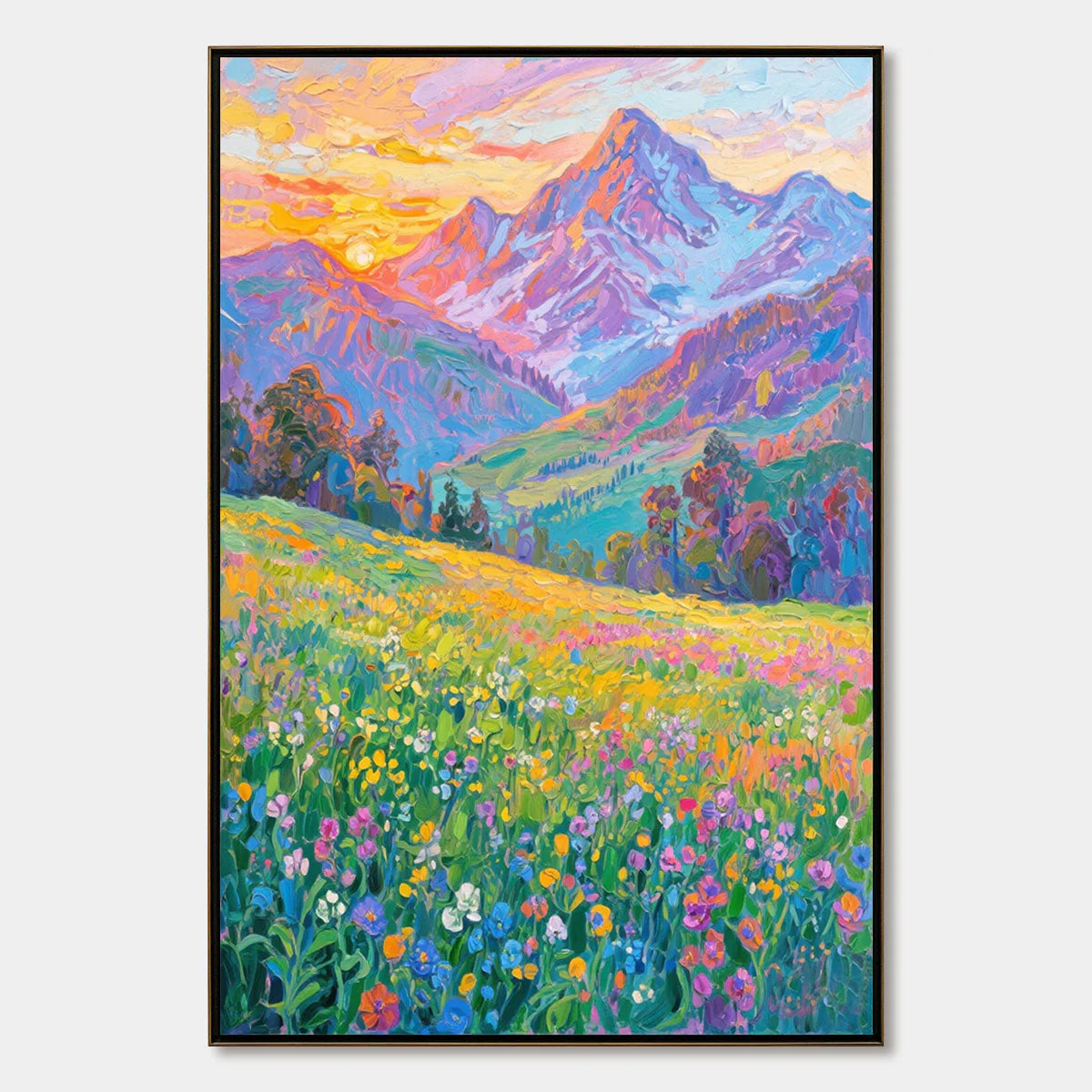 Vertical colourful mountain painting reference with violet peaks, a pink sunset and a bright wildflower meadow