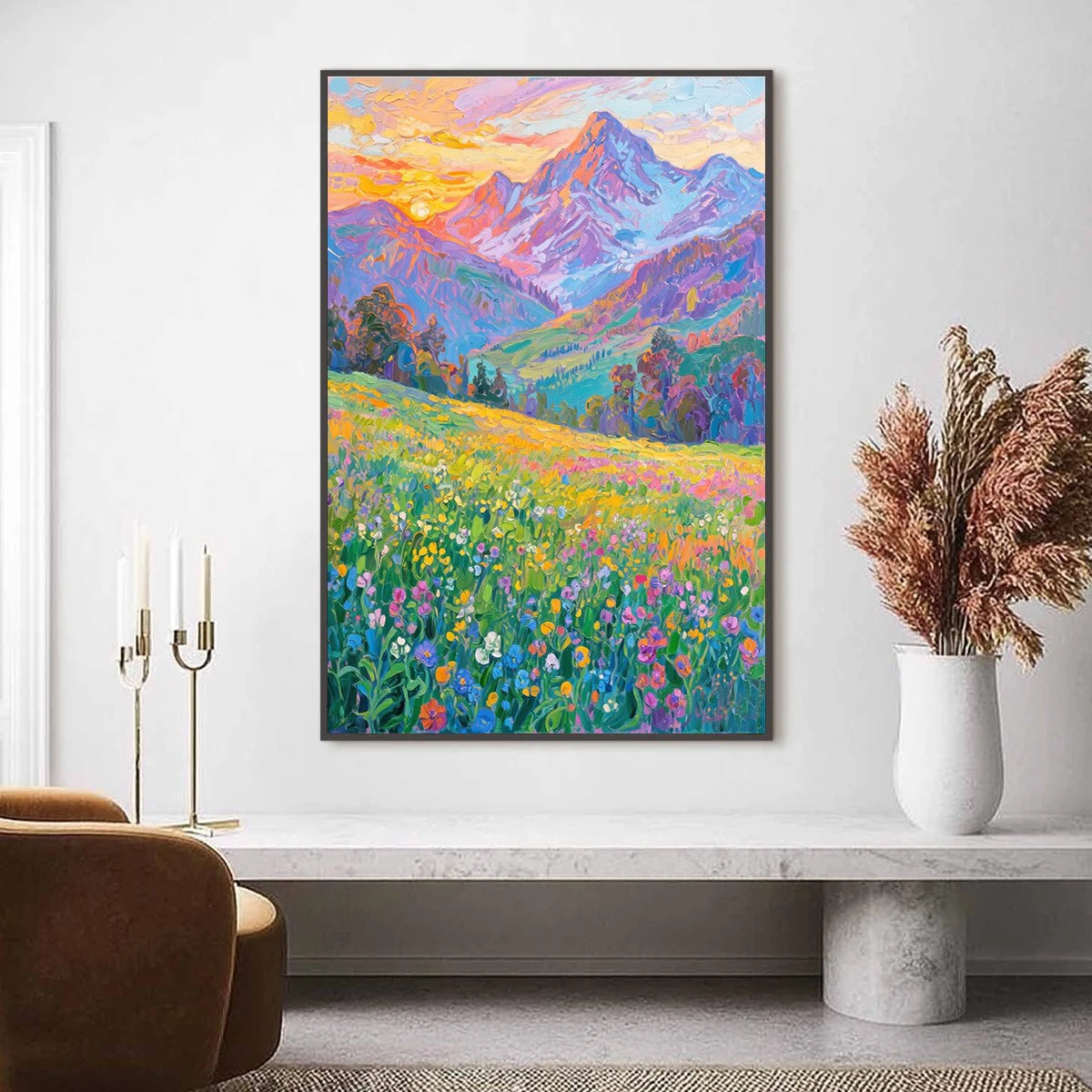 Alpine Bloom: Colourful Mountain Meadow Oil Painting — reference gallery image 2. Room styling and framing are illustrative.