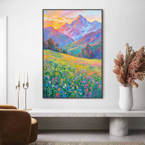 Alpine Bloom: Colourful Mountain Meadow Oil Painting — reference gallery image 2. Room styling and framing are illustrative.