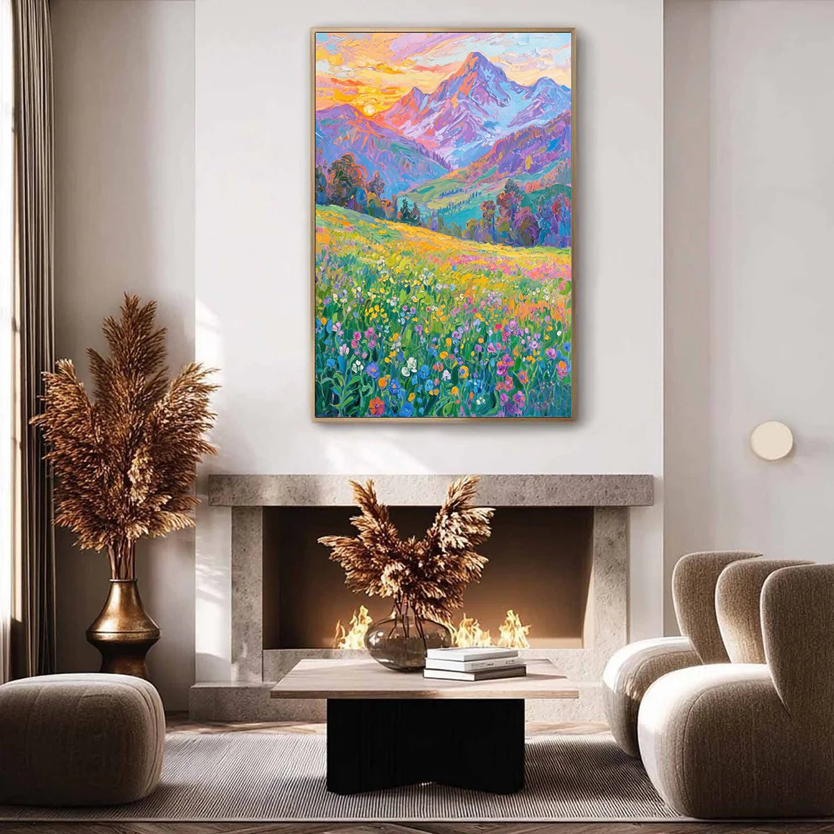 Alpine Bloom: Colourful Mountain Meadow Oil Painting — reference gallery image 3. Room styling and framing are illustrative.