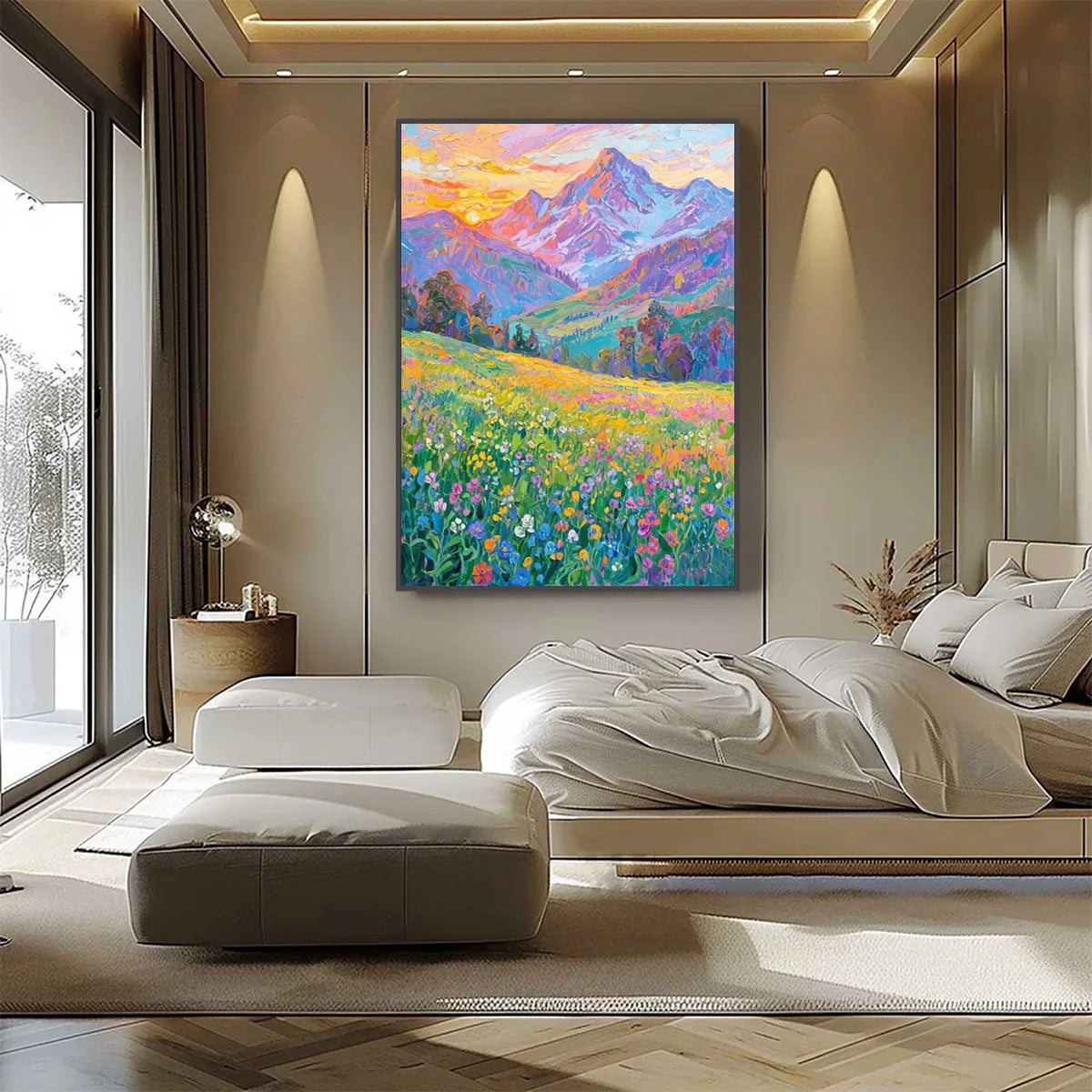 Alpine Bloom: Colourful Mountain Meadow Oil Painting — reference gallery image 4. Room styling and framing are illustrative.