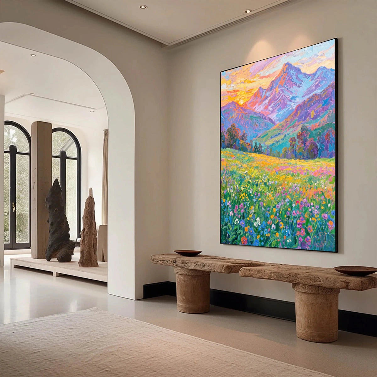 Alpine Bloom: Colourful Mountain Meadow Oil Painting — reference gallery image 5. Room styling and framing are illustrative.