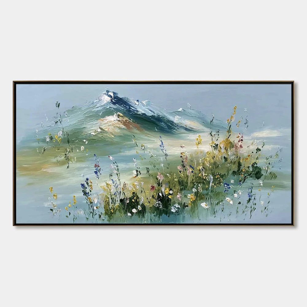 Panoramic mountain and wildflower painting reference in pale blue, green and ivory