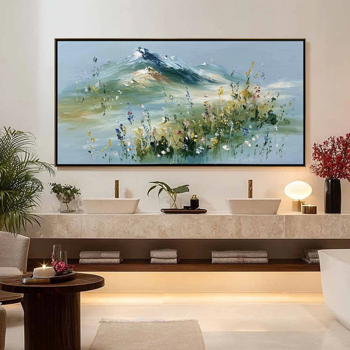 Alpine Bloom: Mountain and Wildflower Oil Painting — reference gallery image 2. Room styling and framing are illustrative.