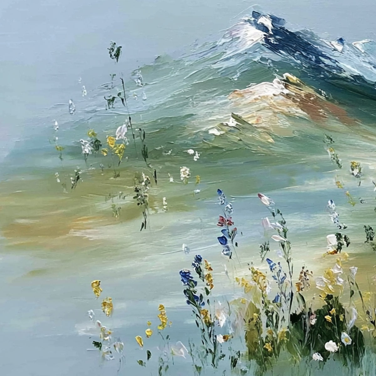 Alpine Bloom: Mountain and Wildflower Oil Painting — reference gallery image 3. Room styling and framing are illustrative.