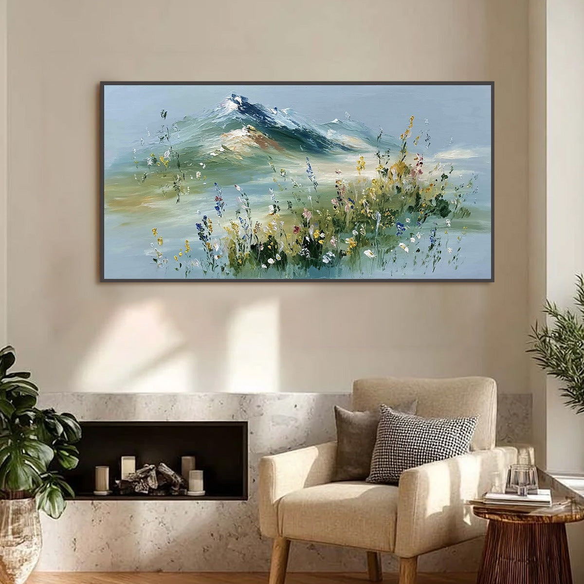 Alpine Bloom: Mountain and Wildflower Oil Painting — reference gallery image 4. Room styling and framing are illustrative.