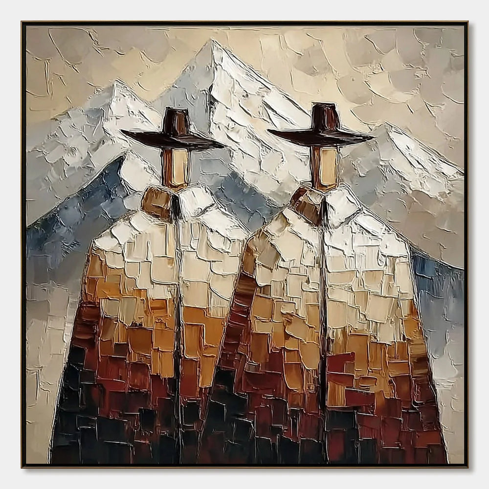 Square textured mountain painting reference showing two hat-wearing figures in ivory, brown and ochre tones