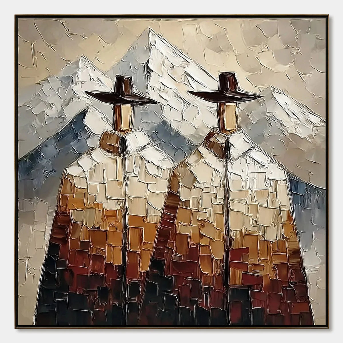 Square textured mountain painting reference showing two hat-wearing figures in ivory, brown and ochre tones